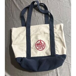 Trader Joe's Canvas Tote Bag Navy Blue Cream Embroidered Logo Reusable t1704